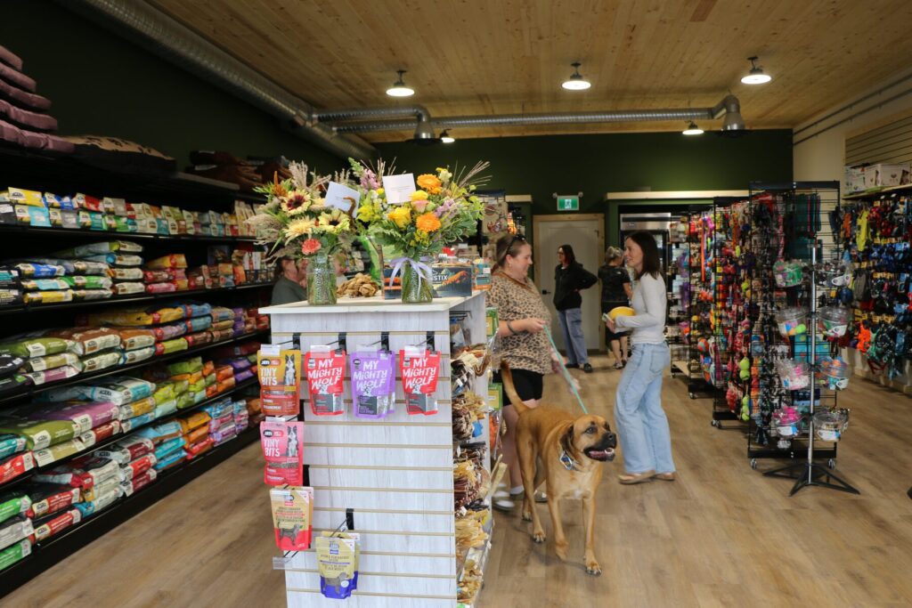 Bright interior of The Paw Shop's new location with a customer and their dog browsing the aisles